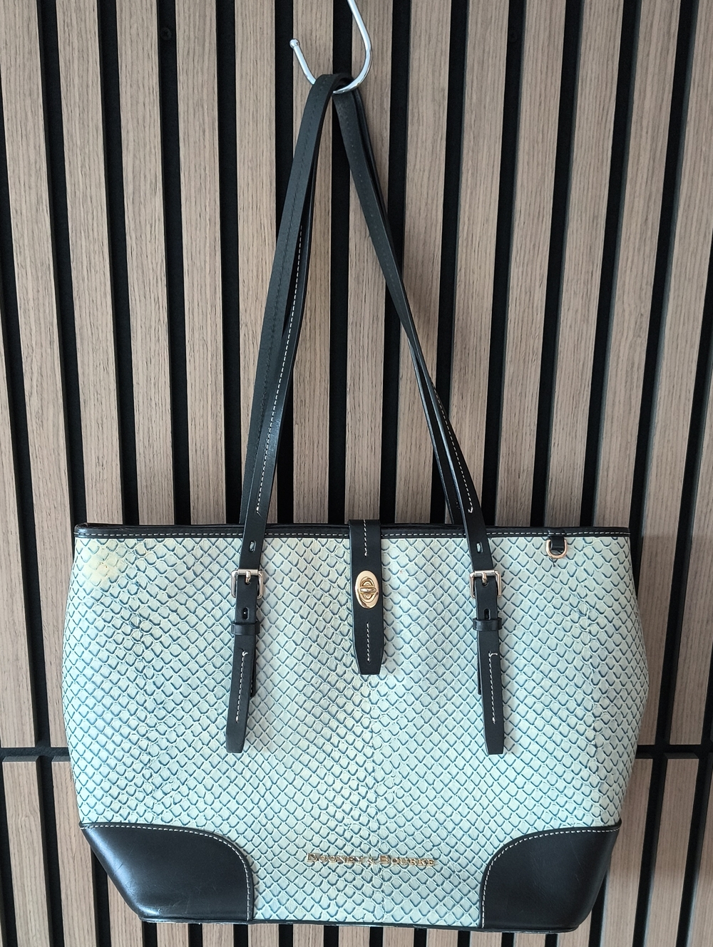 Dooney & Bourke Light Blue Patterned Tote with Black Trim